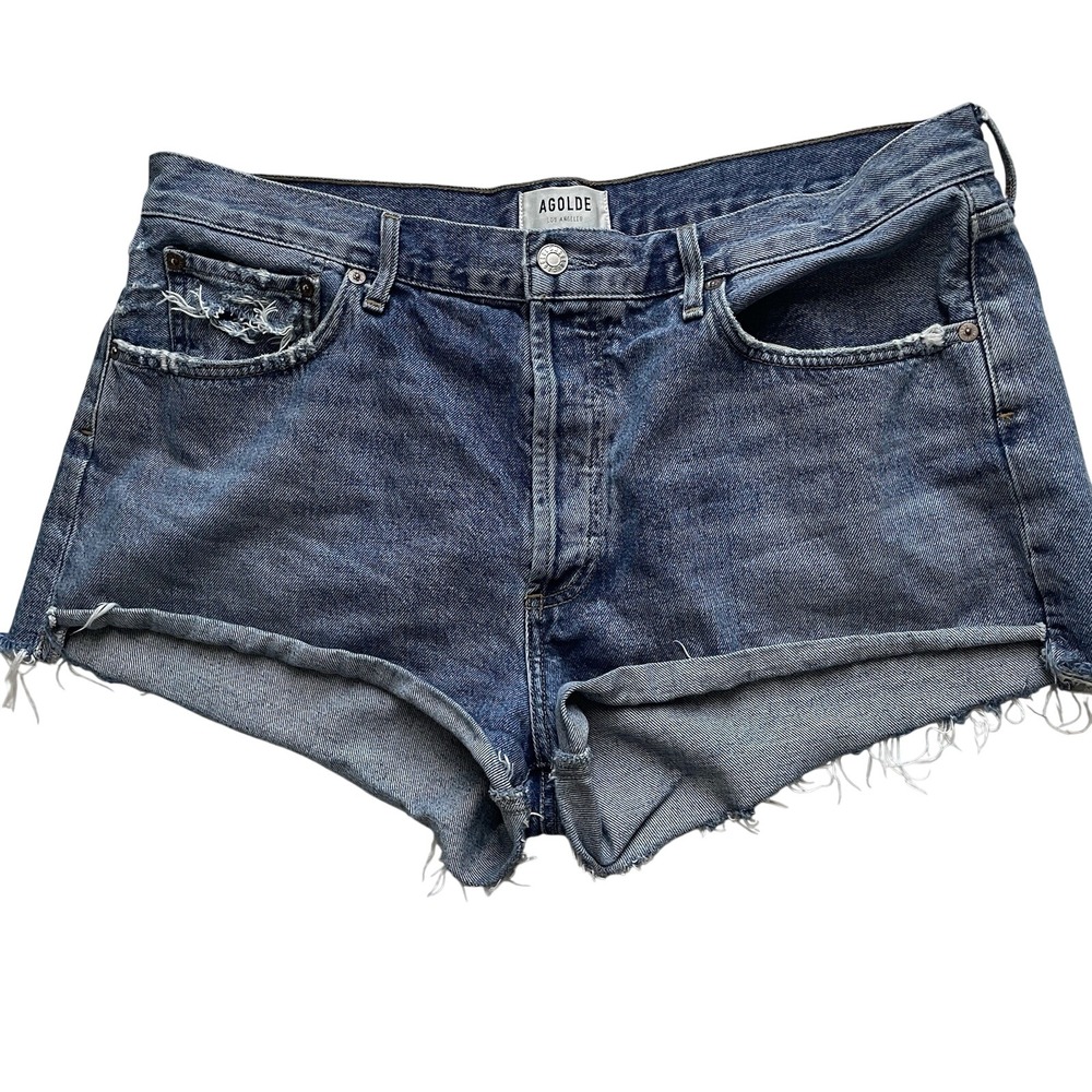 Agolde Parker Distressed Blue Jean‎ Button Fly Cutoff Shorts, 32